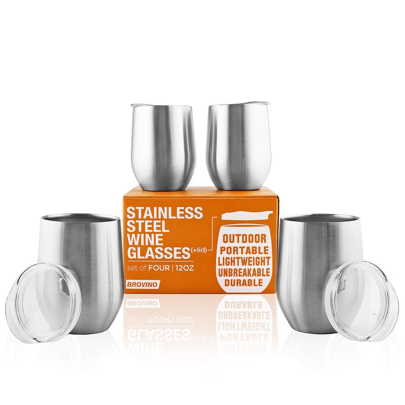BROVINO Stainless Steel Wine Glasses with Lid (Set of 4) - 12 oz Double Walled Insulated Outdoor Wine Tumblers - 100% Unbreakable & Stemless - Drinkware Set for: Wine, Coffee, Water - Image 1